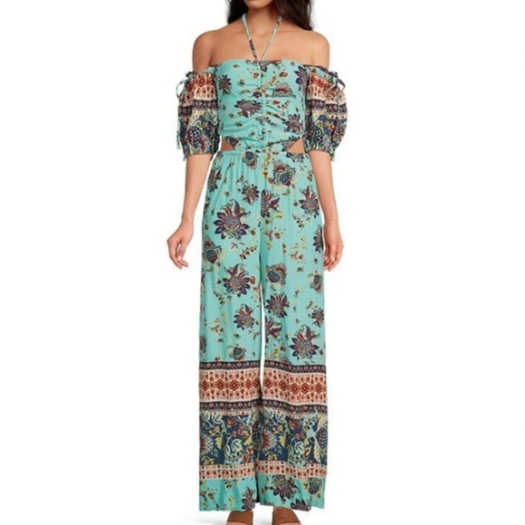 Free People Bali Citrus Skies Paisley Cut Out Back Detail Smocked Jumpsuit - Picture 1 of 6
